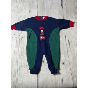 Bright Future Vintage 90s Knit Romper Baby 12M Blue Green Teddy Bear Grandmacore
